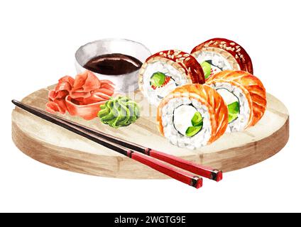 Japanische Sushi Rolls Set, handgezeichnete Aquarellillustration, isoliert auf weißem Hintergrund Stockfoto