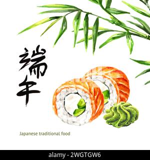 Japanische Sushi Rolls. Handgezeichnete Aquarellillustration, isoliert auf weißem Hintergrund Stockfoto