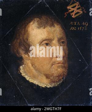 Porträt von Willem Ploos van Amstel, Bailiff oder Loosdrecht, Anonym, 1578 Gemälde Porträt von Willem Ploos van Amstel (1529–1603), Schout van Loosdrecht. Nach rechts, oben rechts das Familienwappen. Nordholländische Leinwand. Bereich. Ölfarbe (Farbe) historische Personen Stockfoto