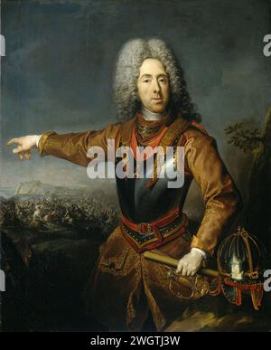 Porträt von Eugen, Prinz von Savoyen, Jacob van Schuppen, 1718 Gemälde Porträt von Eugenius (1663–1736), Prinz von Savoyen. Kniestück, in Rüstung stehend, steht sein Helm neben ihm auf einem Felsen. Zeigt mit der rechten Hand in Richtung einer Schlacht, Kommandostab in der linken Hand. Leinwand. Ölfarbe (Farbe) historische Personen. oberbefehlshaber, General, Marshal. Kampf, Kampf im Allgemeinen (+ Landstreitkräfte) Stockfoto