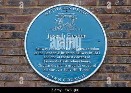 Haywards Heath, 5. Januar 2024: Jospeh Flesher blaue Plakette Stockfoto