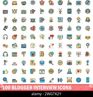 100 Symbole für Blogger-Interviews. Farblinie Satz von Blogger Interview Vektor Symbole dünne Linie Farbe flach auf weiß Stock Vektor