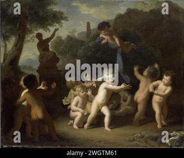 Putti spielt, Hendrik van Limborch, 1700–1720 Malerei Einer Gruppe von Putti-Blinden spielt in einer Landschaft. Links eine Statue auf dem Sockel einer sitzenden Frau, im Hintergrund eine bergige Landschaft mit Obelisken. Bereich. Ölfarbe (Farbe) Cupids: „Amores“, „Amoretti“, „Putti“. Blindmann's Buff Stockfoto