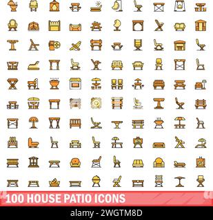 100 Icons auf der Terrasse des Hauses. Farblinie Satz von Haus Terrasse Vektor Symbole dünne Linie Farbe flach auf weiß Stock Vektor