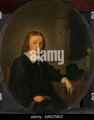 Johan Weathers van der AA (1604–1670), Gerard Dou, 1646 Gemälde Portrait of Johan Wittert van der AA. Er sitzt an einem Tisch, auf dem sein Hut steht, verziert mit einem tanzenden Putti in einer Säule. Bereich. Ölfarbe (Farbe) historische Personen, die nicht namentlich bekannt sind Stockfoto