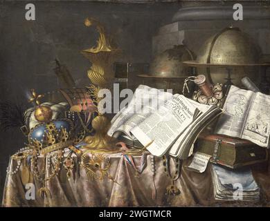 Vanitas Stillleben, Edwaert Collier, 1662 Gemälde Vanitas Stillleben. Auf einem Tisch neben einer Säule befinden sich verschiedene Bücher, Reiseberichte und wissenschaftliche Abhandlungen, einige davon geöffnet, ein natürlicher Globus und ein Himmelslobe, ein Geldbeutel, eine Krone, dekorative Schilder, eine Uhr und eine Vitrine. Leinwand. Ölfarbe (Farbe) Stillleben verwandter Objekte. Globus. Drucksachen. armillarsphäre, Skelett Himmelskugel. Krone (Symbol der Souveränität) Stockfoto
