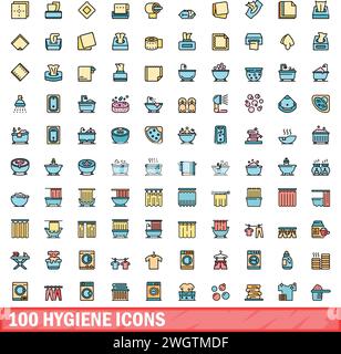 100 Hygienesymbole. Farblinie Satz Hygienevektorsymbole dünne Linie Farbe flach auf weiß Stock Vektor