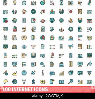 100 Internet-Symbole eingestellt. Farblinie Satz von Internet-Vektorsymbolen dünne Linie Farbe flach auf weiß Stock Vektor