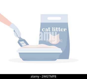 Eine Packung Katzenstreufüller und eine Hand mit Handschuhen mit einer Schaufel, die eine Katze-Toilettenschale isoliert auf weißem Hintergrund reinigt, Vektor-flache Illustration Stock Vektor