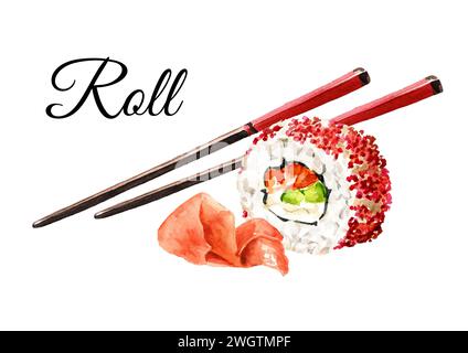 Sushi-Rolls mit rotem Kaviar-Tobico mit Essstäbchen. Handgezeichnete Aquarellillustration, isoliert auf weißem Hintergrund Stockfoto