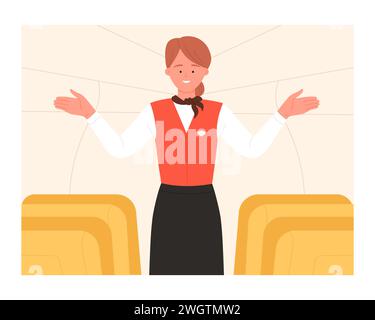 Flugbegleiter zeigt Notausgänge. Sicherheitsvorführung der Kabinenbesatzung Cartoonvektor-Illustration Stock Vektor