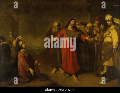 Christus und der Hauptmann, Adam Chamberlain, 1644–1665 Gemälde Christus und der Häuptling von Kafarnaum. Links der centurio vor Christus, rechts eine Gruppe von Zuschauern. Leinwand. Ölfarbe (Farbe) der Hauptmann von Kapernaum, der vor Christus kniet, fleht ihn an, seinen gelähmten Diener (oder Sohn) zu heilen (Matthäus 8,5-13; Lukas 7,1-10; Johannes 4:46-54) Stockfoto