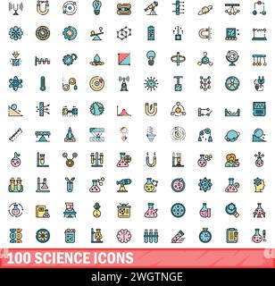 100 Wissenschaftssymbole. Farblinie Satz von wissenschaftlichen Vektorsymbolen dünne Linie Farbe flach auf weiß Stock Vektor