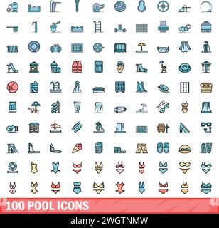 100 Pool-Symbole gesetzt. Farblinie Satz von Pool-Vektorsymbolen dünne Linie Farbe flach auf weiß Stock Vektor