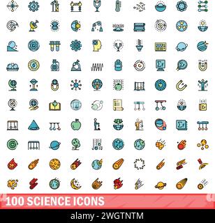 100 Wissenschaftssymbole. Farblinie Satz von wissenschaftlichen Vektorsymbolen dünne Linie Farbe flach auf weiß Stock Vektor