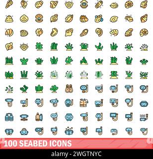 100 Symbole für den Meeresboden gesetzt. Farblinienset von Symbolen für Meeresboden-Vektoren dünne Linie Farbe flach auf weiß Stock Vektor