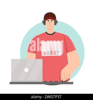 DJ spielt Musik auf dem Controller ab. Moderner Musikberuf, mischen in Nachtclub-Cartoon-Vektor-Illustration Stock Vektor
