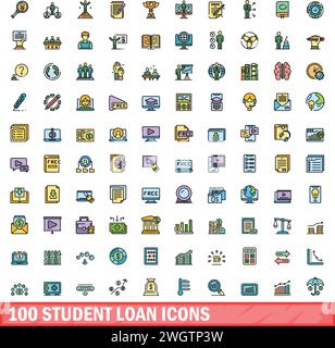 100 Symbolsatz für Studiendarlehen. Farblinie Satz von Vektorsymbolen für Studienleihverträge dünne Linie Farbe flach auf weiß Stock Vektor