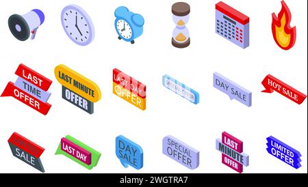 Das letzte Mal bieten Symbole zum Festlegen des isometrischen Vektors. Flash Hour im Angebot. Date Timer Deal Stock Vektor