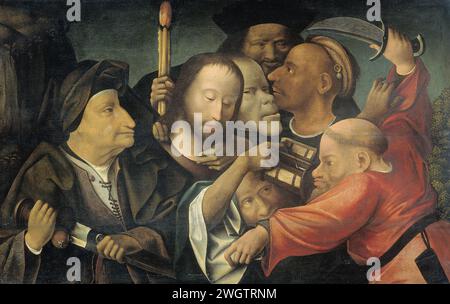 Die Verhaftung Christi, Jheronimus Bosch, um 1530 - um 1550 Gemälde der Gefangennahme Christi im Licht einer brennenden Fackel. Rechts der Kampf zwischen Peter und Malchus, neben Christus, dem Kopf des Judas. Bei drei anderen Figuren zieht der Mann links sein Schwert. Bereich. Ölfarbe (Farbe) die Verhaftung Christi  Garten Gethsemane Stockfoto
