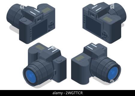 Professionelle isometrische DSLR-Fotokamera, Digitalkamera. Medientechnologie und Fotokonzept Stock Vektor