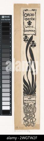 Entwurf einer Bücherbrücke für: Louis Couperus, Orchideeën, 1895, Willem Wenckebach, in oder vor 1895 Zeichnung Design mit einer stilisierten Orchidee von den Wurzeln bis zu den Blüten oben. Oben auf dem Buchtitel und dem Namen des Autors in einem Rahmen. Papier. Tinte. Deckfarbe. Bleistift / Pinselblumen: orchidee Stockfoto