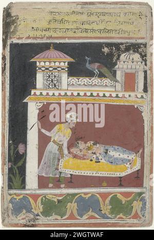 Lakta Ragini, Anonym, 1650 - 1670 indische Miniatur. Ein Prinz lässt seinen schlafenden Liebsten auf einem gelben Bett stehen, auf dem Dach ihres Palastes steht ein Pfau. Am unteren Rand der Ausstellung ein breiter dekorativer Rand eines schwingenden gelben Randes um blaue und grüne Medaillons vor rotem Hintergrund; am oberen Rand ein breiter gelber Rand mit einer dreizeiligen Inschrift in Oud-indischer Schrift. Zentralindien Papierbürste/-Bürste Stockfoto