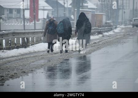 Srinagar, Indien. Februar 2024. 5. Februar 2024, Srinagar, Indien: Neuschnee hat die Außenbezirke von Kaschmir getroffen und mehrere Teile des Kaschmir-Tals in Alarmbereitschaft versetzt, da sie unter Schnee stehen.am 5. Februar 2024 in Srinagar, Indien. (Foto: T Umer Qadir/Eyepix Group/SIPA USA) Credit: SIPA USA/Alamy Live News Stockfoto