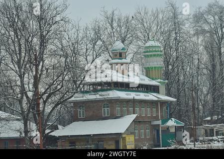 Srinagar, Indien. Februar 2024. 5. Februar 2024, Srinagar, Indien: Neuschnee hat die Außenbezirke von Kaschmir getroffen und mehrere Teile des Kaschmir-Tals in Alarmbereitschaft versetzt, da sie unter Schnee stehen.am 5. Februar 2024 in Srinagar, Indien. (Foto: T Umer Qadir/Eyepix Group/SIPA USA) Credit: SIPA USA/Alamy Live News Stockfoto