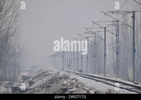 Srinagar, Indien. Februar 2024. 5. Februar 2024, Srinagar, Indien: Neuschnee hat die Außenbezirke von Kaschmir getroffen und mehrere Teile des Kaschmir-Tals in Alarmbereitschaft versetzt, da sie unter Schnee stehen.am 5. Februar 2024 in Srinagar, Indien. (Foto: T Umer Qadir/Eyepix Group/SIPA USA) Credit: SIPA USA/Alamy Live News Stockfoto