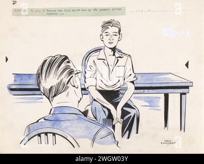 Junge sitzt auf einem Stuhl gegenüber Mr. Van Gool, in oder vor 1953 und zeichnet in einem leeren Raum. Ein Junge sitzt in einem Hemd mit gerollten Ärmeln auf einem Stuhl vor einem Tisch. Mr. Van Gool ist ihm gegenüber. Die beiden sehen sich an. Papier. Tinte für Indien (Tinte). Aquarell (Farbe). Deckfarbe. Bleistift / Pinsel sitzende Figur. Tabelle. Junge (Kind zwischen Kleinkind und Jugend) Stockfoto