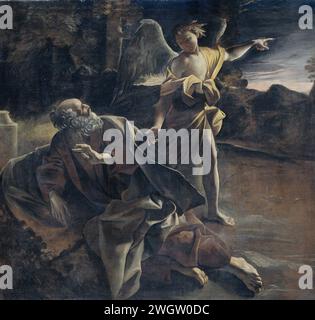Der Prophet Elijah erwachte in der Wüste durch einen Engel, Giovanni Lanfranco, 1624–1625 Gemälde des Propheten Elia in Dageraad in der Wüste, erweckt durch einen Engel. Der Prophet blickt auf den Engel, der mit der linken Hand zurückweist. 1624-25 als Teil einer Serie von acht Gemälden für die Kapelle der Sakramente in der Kirche San Paolo Fuori le Mura in Rom. Italien Ölfarbe (Farbe). Ein Engel weckt Elijah; ein Brotlaib und ein Glas Wasser befinden sich normalerweise an Elijahs Kopf Sint-Paulus außerhalb der Wände Stockfoto