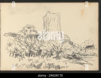 Sint-Pieterskerk in Beesd, 1891 Seite 15 aus einem Skizzenbuch mit 64 Seiten. Beesd-Papier. Blick auf die Stadt mit Bleistift und Landschaft mit künstlichen Bauten. Kirche (außen) St. Pieterskerk Stockfoto