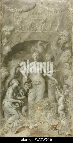 Allegory of Charity, Gerading the lood und 1675–1683 Gemälde Allegory on Mildness. Die weibliche Personifikation gibt Geld an Bedürftige, einen Bettler auf der rechten Seite. Im Hintergrund ein Elefant und ein Adler. Aus einer Serie von fünf Allegorien (SK-A-4174/4178), gemalt in Grisaille zwischen 1675 und 1683 für das Haus Messina von Philips de Flines auf der Herengracht. Nordholländische Leinwand. Ölfarbe (Farbe) Großzügigkeit, Liberalität; Großzügigkeit, Liberalität (Ripa) (+ abstraktes Konzept, das von weiblichen Figuren wiederbelebt wird) Stockfoto