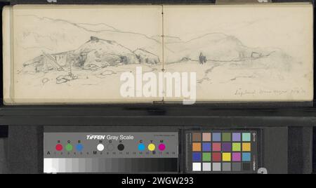Landschaft mit Gebäuden in Norwegisch Sápmi (Lappland), Louis Apol, 1880 Seite 11 Verso und Seite 12 Recto aus einem Skizzenbuch mit 38 Blättern für die Expedition nach Nova Zembla im Jahr 1880. Papier aus Norwegen. Bleistiftlandschaften. Städtische Architektur; Gebäude; Wohnungen. Europäer: Sami Sápmi. Norwegen Stockfoto