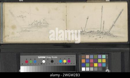 Gegliederte russische Grabkreuze auf Wrongeliland in der Kruisbaai, Nova Zembla, Louis Apol, 1880 Blatt 33 Recto aus einem Skizzenbuch mit 35 Blättern für die Expedition nach Nova Zembla im Jahr 1880. Neues Zembla-Papier. Bleistiftküste (in Polarregionen). Andere Arten von Grabmarkierungen, z. B. Kreuz Kruisbaai. Barszee Stockfoto