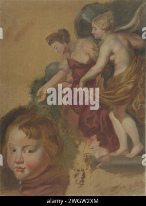 Studienmagazin mit Maria Dei Medicis glücklicher Regierung, einem Jungen Kopf und zwei Männerköpfen., Anonym, nach Peter Paul Rubens, 1800–1900 Zeichnung Studienmagazin mit Maria Dei Medicis glücklicher Regierung, einem Jungen Kopf mit blonden Schlössern und zwei kleineren skizzierten Männerköpfen, die zur ersten Szene gehören. Papier. Ölfarbe (Farbe) Pinsel historische Personen - BB - Frau. Kopf (Mensch). Junge (Kind zwischen Kleinkind und Jugend) Stockfoto