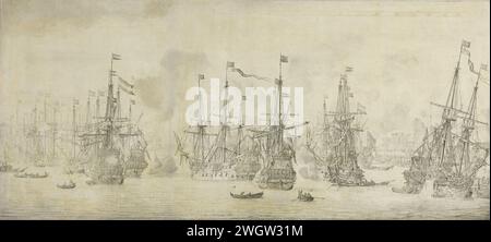 Der gescheiterte Angriff der Engländer auf die Rückkehrflotte im Hafen von Bergen, Norwegen, 12. August 1665: eine Episode aus dem Zweiten Anglo-Holländischen Krieg, Willem van de Velde (I), 1669, die den gescheiterten Angriff der Engländer auf die Rückkehrflotte unter dem Kommando von Pieter de Bitter im Hafen von Bergen (Norwegen), 12. August 1665: Episode aus dem Zweiten Englischen Seekrieg (1665–67) darstellt. Die niederländischen Kriegsschiffe ankern im norwegischen Hafen und einige Slops zwischen den Schiffen. Leinwand. Ink Battle (+ Segelschiffe). Segelschiff, Segelboot. marineblau Bergen Stockfoto