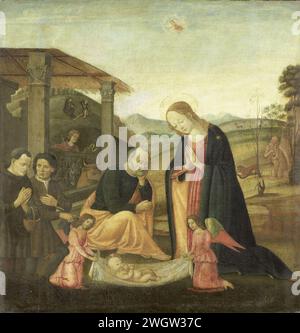 Anbetung des Christuskindes, Jacopo del Sellaio (Kreis von), 1485 - 1520 Gemälde der Anbetung des Kindes. Für den Stall knien Maria und zwei Hirten vor dem Christuskind, das von zwei Engeln in einem Tuch getragen wird. Joseph schaut düster zu, mit dem Kopf links. In der Landschaft im Hintergrund links die Proklamation an die Hirten, rechts der heilige Hieronymus mit einem Löwen. Bereich. Ölfarbe (Farbe) Anbetung des Christuskindes durch die Hirten; Maria und Josef anwesend Stockfoto