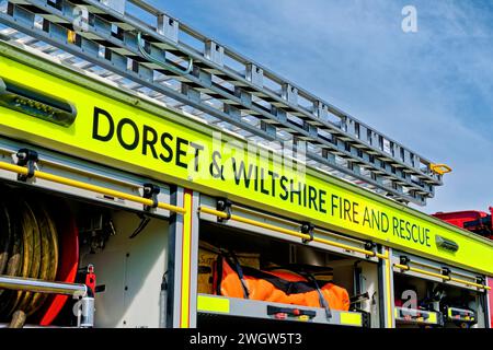 Westbury, Wiltshire, Vereinigtes Königreich – 3. September 2023: Ein Nahaufnahme eines in Westbury ansässigen Dorset and Wiltshire Fire and Rescue Scania P280 Angloco Fire Engine Stockfoto