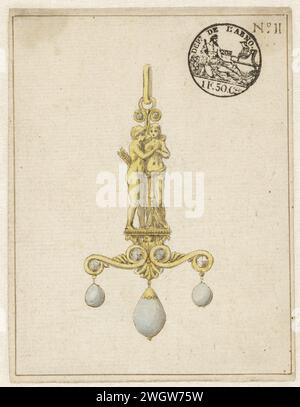 Entwurf für einen Anhänger, ca. 1805 - ca. 1815 Zeichnung Entwurf für einen Anhänger aus Gold mit Diamanten und Perlen, die Amor und Psyche darstellen. Florenz Papier. Tintenstift / Pinselschmuck, Schmuck Stockfoto