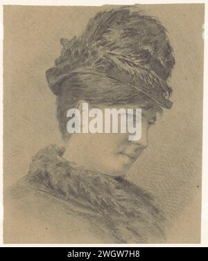 Porträt einer jungen Frau mit Federn, Hans Makart (möglich), 1850 - 1884 Zeichenpapier. Bleistift historische Personen, die nicht namentlich bekannt sind - BB - Frau Stockfoto