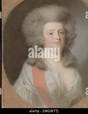 Augusta Maria Carolina van Nassau-Weilburg (1764-1802). Nicht van Willem V., Prinz von Oranje-Nassau, Tochter seiner Schwester Carolina, Johann Friedrich August Tischbein, 1785–1795 Zeichnung Porträt von Augusta Maria Carolina van Nassau-Weilburg (1764–1802). Nicht van Willem V., Prinz von Oranje-Nassau, Tochter seiner Schwester Carolina. Halbiert nach rechts. Ist Teil einer Serie von neun Porträts von Prinsen und Prinzessinnen aus dem Hause Oranje-Nassau (SK-A-408/416). Teil der Pastels-Kollektion. Pergament (Tiermaterial) historische Personen - BB - Frau Stockfoto