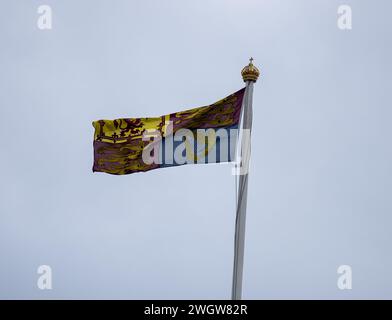 London, Großbritannien. Februar 2024. Prinz Harry, gefolgt von Ihren Majestäten, dem König und der Königin, verlassen den St. James Palace zum Buckingham Palace, mit dem königlichen Standard fliegen und einer großen Anzahl von Medienbesatzungen, die zuschauen. startete in einem Hubschrauber von den Gärten des Buckingham Palace The Royal Standard über Buckingham Palace Credit: Ian Davidson/Alamy Live News Stockfoto