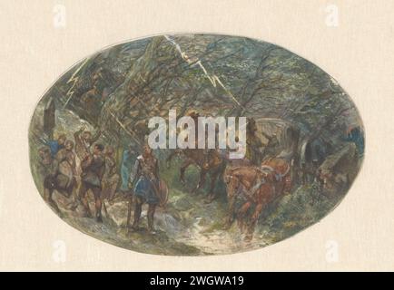 Kutsche, die einen Bach waten will, Charles Rochussen, 1824 - 1894 Eine Szene aus der Legende von Sint Aldalbert, Coach, der einen Bach bei Regen und Blitzen waten will. Papier. Aquarell (Farbe). Bleistiftbürste Storm. Blitz, Blitz, Blitz, Blitz. Vierrädriges, tierisches Fahrzeug, z. B.: Fahrerhaus, Wagen, Reisebus. Pferd Stockfoto