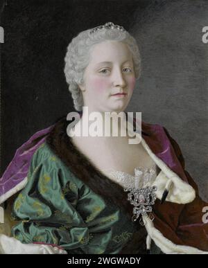 Maria Theresia, Erzherzogin von Österreich, Königin von Ungarn und Böhmen, und Kaiser Jean-Etienne Liotard, 1747 Miniatur (Gemälde). Gemälde Porträt von Maria Theresia (1717-80), Kaiserin von Österreich, Königin von Ungarn und Böhmen. Halbiert, nach rechts. Hier als Teil der Porträt-Miniatursammlung enthalten, trotz der Abmessungen, da das Porträt in E-Mail hergestellt wird. Kupfer (Metall). Historische Personen - BB - Frau Stockfoto