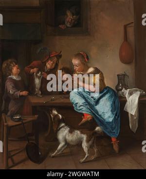 Kinder unterrichten eine Katze zum Tanzen, bekannt als „die Tanzstunde“, Jan Havicksz. Steen, 1660–1679 Malerei Eine Gruppe von Kindern versucht, eine Katze tanzen zu lassen; Eine Vorstellung, die als „Tanzklasse“ bekannt ist. Die Kinder sitzen um einen Tisch, ein Mädchen spielt auf einer Pfeife, der Hund bellt. Oben schaut ein Mann durch ein Fenster, rechts hängt eine Laute an der Wand. Bereich. Ölfarbe (Farbe) Kind, das mit Tieren spielt. Kat. Hund. Kinder, die Musikinstrumente spielen Stockfoto