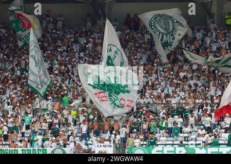 4. Februar 2024; Estadio do Mineirao, Belo Horizonte, Brasilien: Supercopa of Brazil Final Palmeiras gegen Sao Paulo; Fans von Palmeiras vor dem Spiel Stockfoto