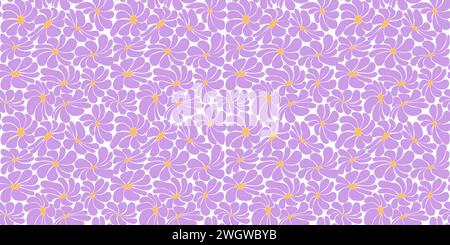 Horizontaler nahtloser floraler grooviger Hintergrund. Retro-Hippie-Muster mit Gänseblümchen im naiven Stil der 60-70er Jahre Lila, gelbe Farbe. Vektorillustr Stock Vektor