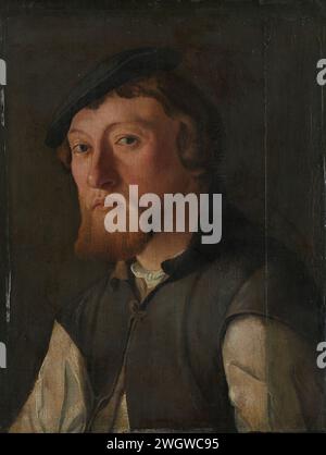 Porträt eines Mannes, anonym, ca. 1530 - ca. 1540 Gemälde Porträt eines Mannes. Büste nach links. Auf dem Kopf eine flache Baskenmütze mit Feder. Panel Nord-Niederlande. Ölfarbe (Farbe) historische Personen, die nicht namentlich bekannt sind Stockfoto